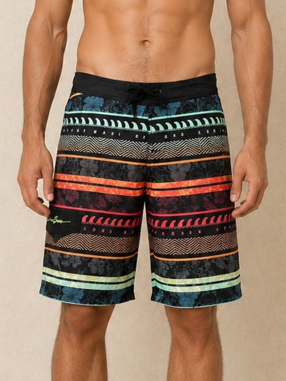 Maui And Sons Board Shorts 34 Medium Black Tropical Surf Swim Trunks